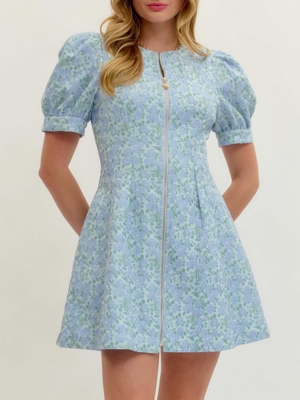 NEW Boho Cottagecore Light Blue Floral Camellia Zip-Front Puff Sleeve Mini Dress